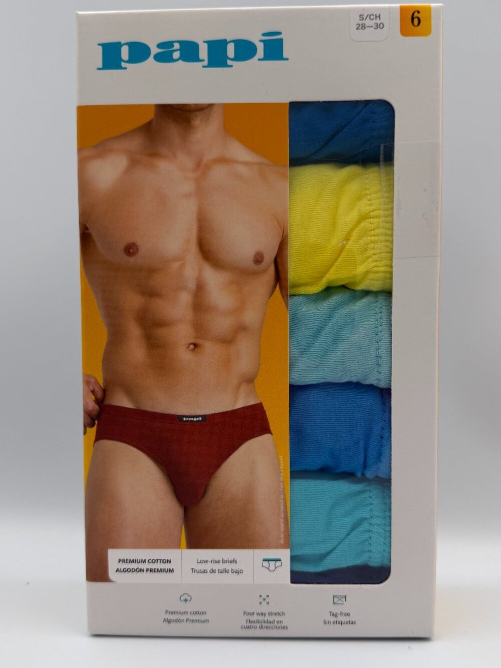 Papi Men's Low-Rise Briefs Premium Cotton 4-Way Stretch 6-Pack Small (28-30) NWT